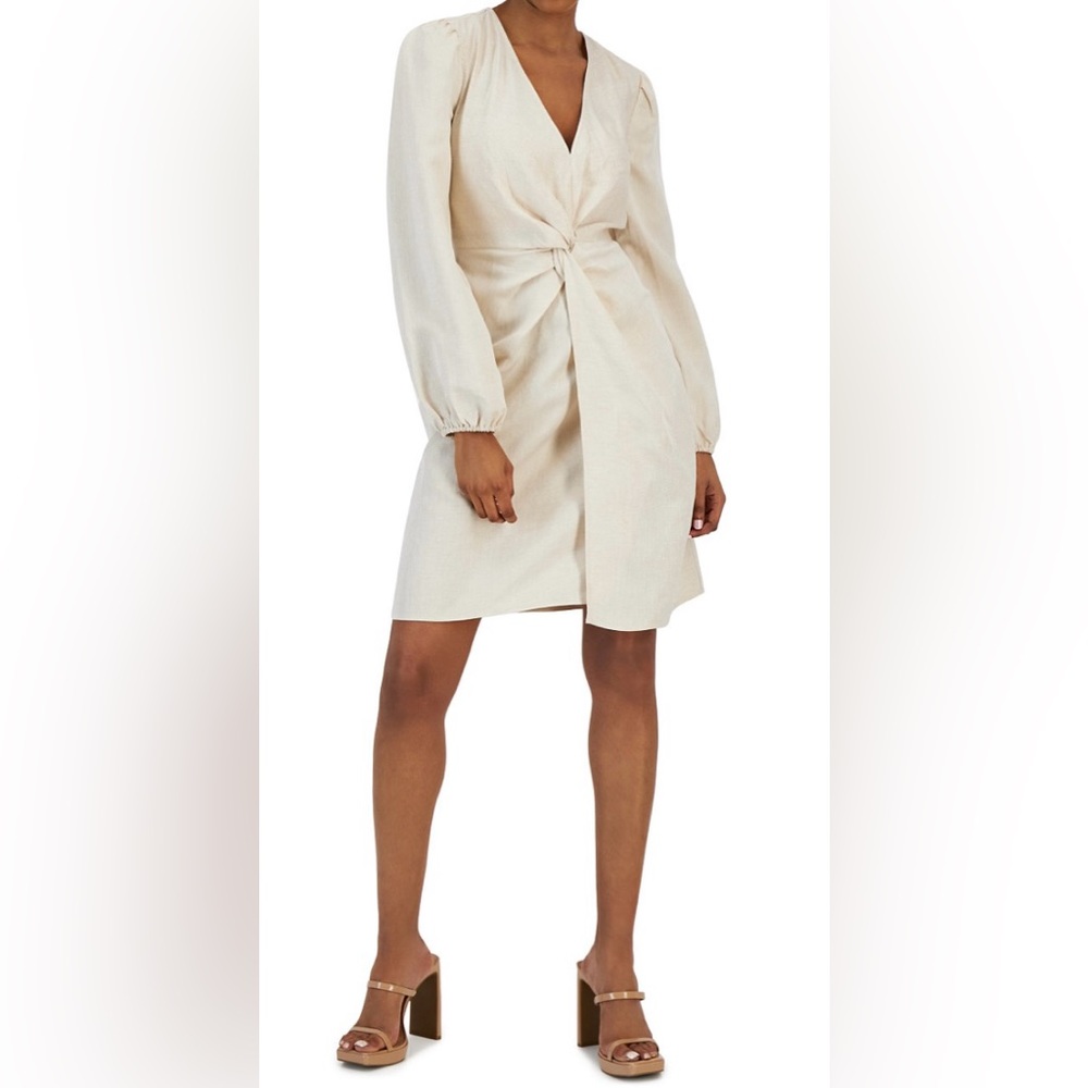 I.N.C. International Concepts Women's Linen Twist-Front Mini Dress Med Tan/Gold